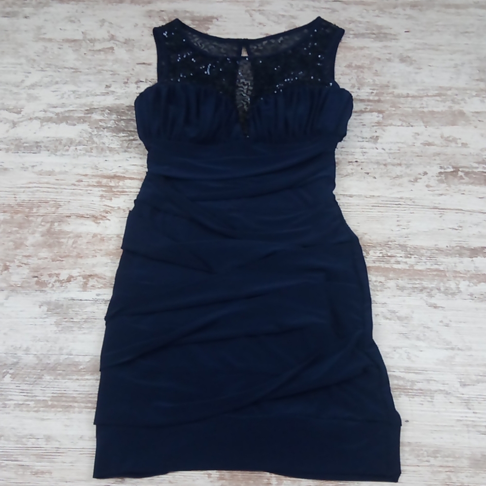 Windsor Dark Navy Blue Layered Sequin Mini Dress